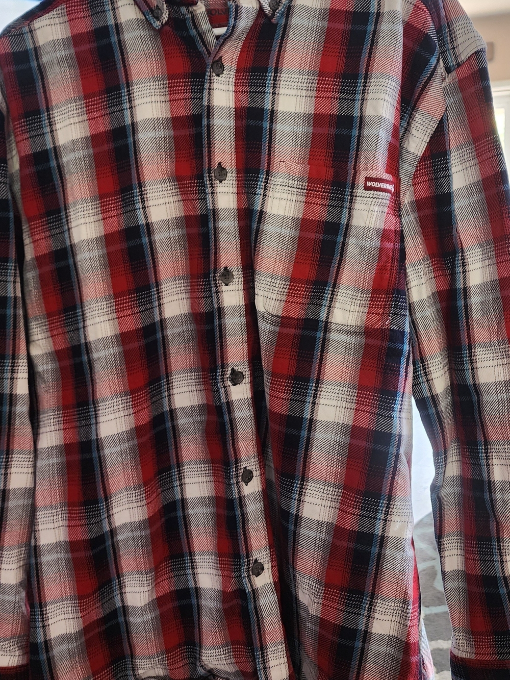 Wolverine Red Plaid Button-Down Shirt with Navy Accents Sz XL